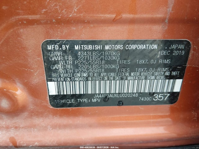 45825539 :رقم المزاد ، JA4AP3AUXLU020248 vin ، 2020 Mitsubishi Outlander Sport 2.0 Be/2.0 Es/2.0 Sp مزاد بيع
