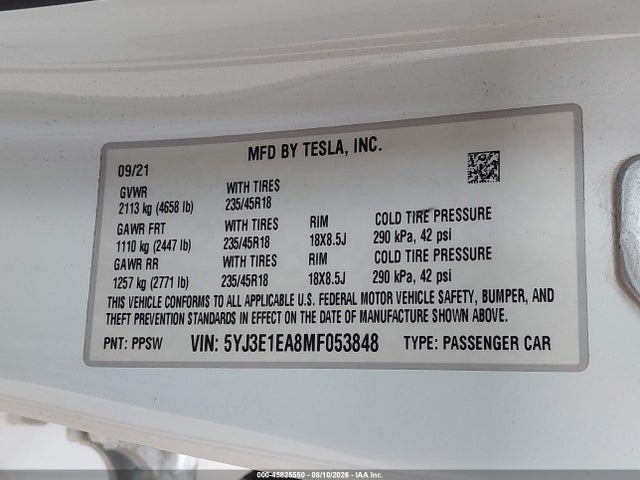 Продажа на аукционе авто 2021 Tesla Model 3 Standard Range Plus Rear-wheel Drive, vin: 5YJ3E1EA8MF053848, номер лота: 45825550