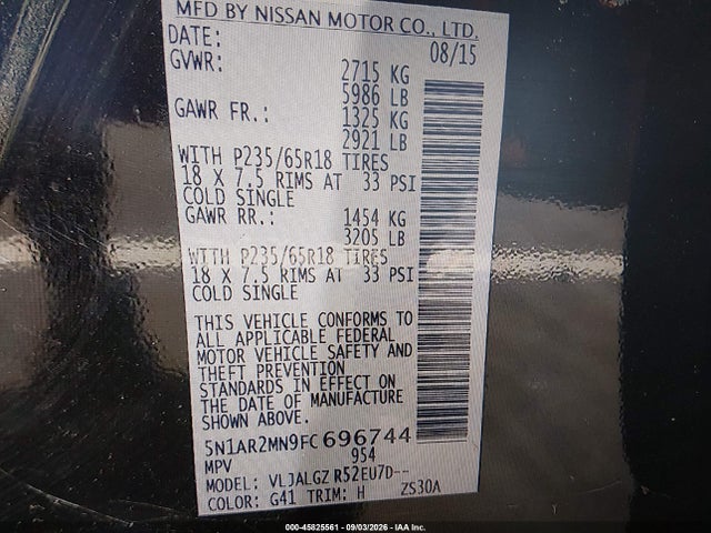 Продаж на аукціоні авто 2015 Nissan Pathfinder Sl, vin: 5N1AR2MN9FC696744, номер лоту: 45825561