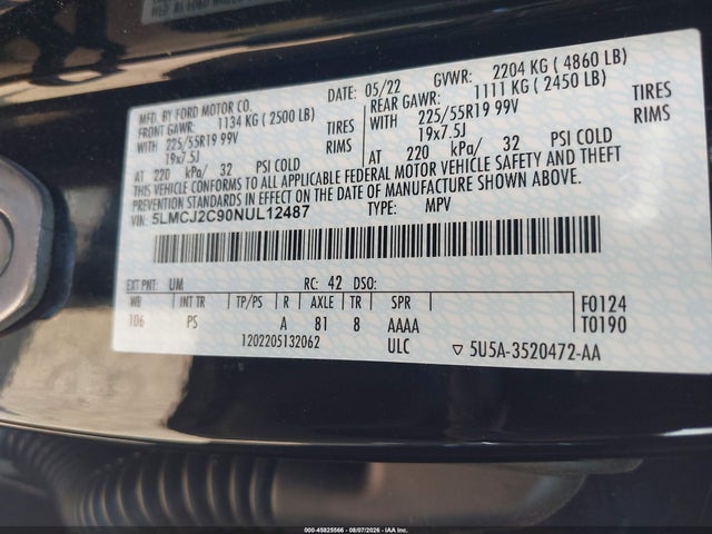 Продажа на аукционе авто 2022 Lincoln Corsair Reserve, vin: 5LMCJ2C90NUL12487, номер лота: 45825566