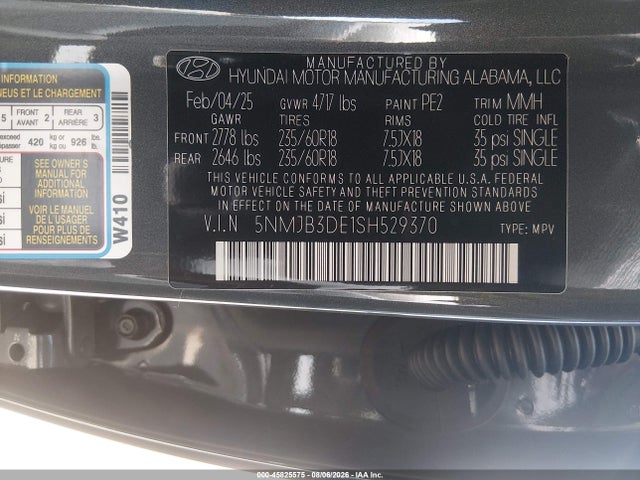 Продаж на аукціоні авто 2025 Hyundai Tucson Sel, vin: 5NMJB3DE1SH529370, номер лоту: 45825575