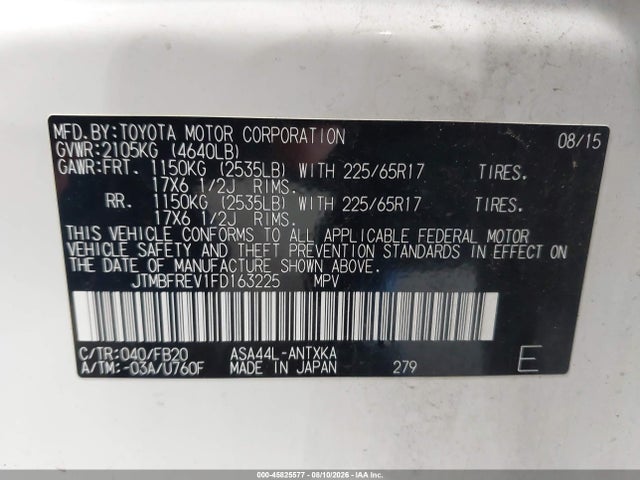 45825577 :رقم المزاد ، JTMBFREV1FD163225 vin ، 2015 Toyota Rav4 Le مزاد بيع