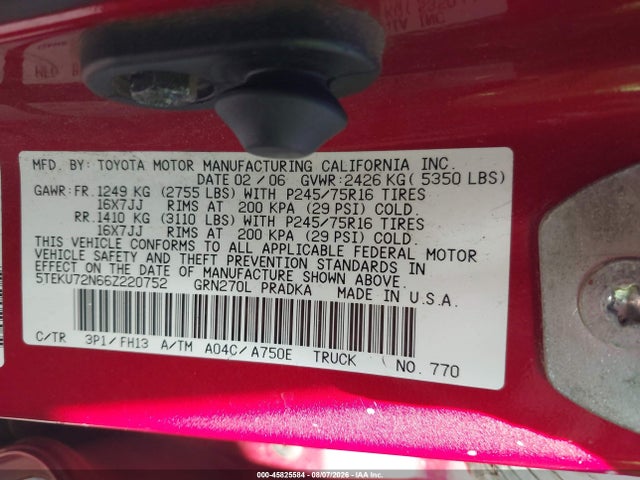 2006 Toyota Tacoma Prerunner V6 მანქანა იყიდება აუქციონზე, vin: 5TEKU72N66Z220752, აუქციონის ნომერი: 45825584