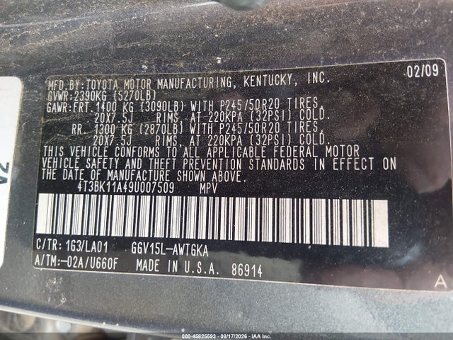 45825593 :رقم المزاد ، 4T3BK11A49U007509 vin ، 2009 Toyota Venza Base V6 مزاد بيع