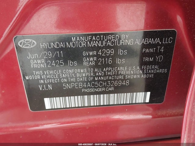 Продаж на аукціоні авто 2012 Hyundai Sonata Gls, vin: 5NPEB4AC5CH326948, номер лоту: 45825597