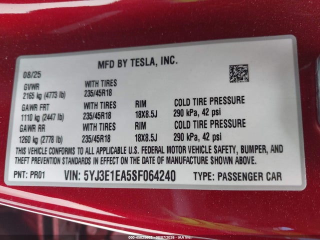Aukcja sprzedaży 2025 Tesla Model 3 Long Range Rear-wheel Drive/standard Rear-wheel Drive, vin: 5YJ3E1EA5SF064240, numer aukcji: 45825602
