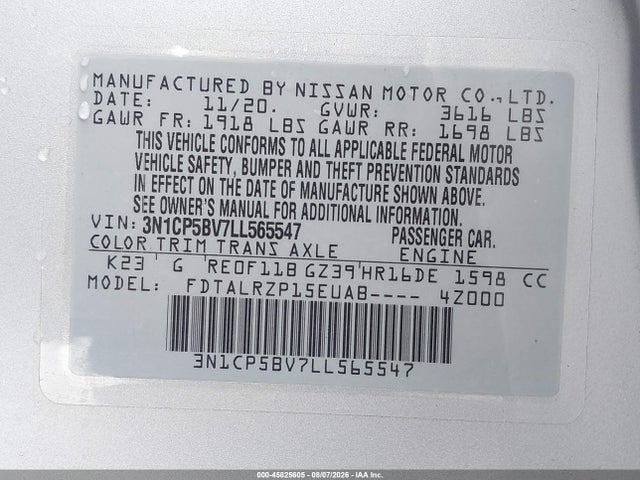 Продажа на аукционе авто 2020 Nissan Kicks S Xtronic Cvt, vin: 3N1CP5BV7LL565547, номер лота: 45825605