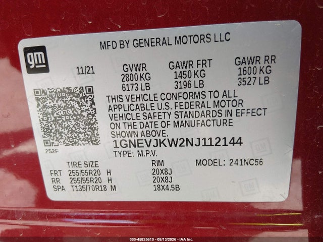 Продажа на аукционе авто 2022 Chevrolet Traverse Awd Rs, vin: 1GNEVJKW2NJ112144, номер лота: 45825610