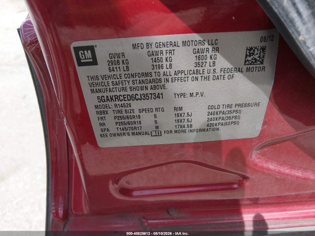 Aukcja sprzedaży 2012 Buick Enclave Leather, vin: 5GAKRCED6CJ357341, numer aukcji: 45825612