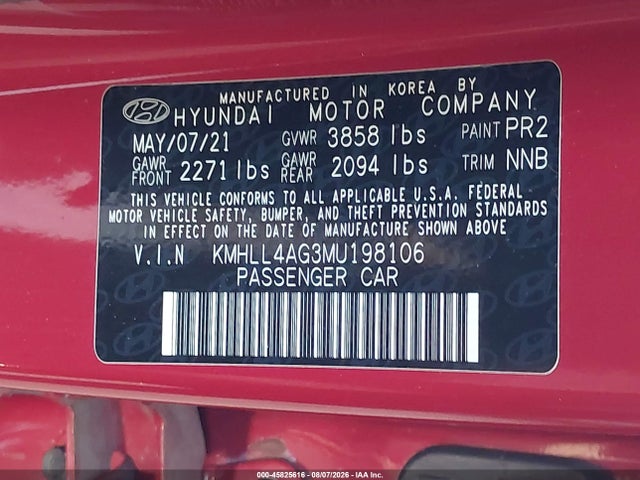 KMHLL4AG3MU198106 Hyundai ELANTRA SE