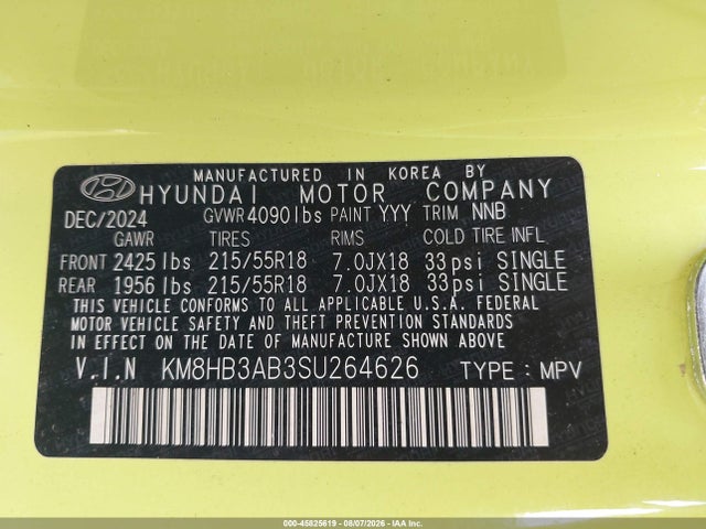 Aukcja sprzedaży 2025 Hyundai Kona Sel, vin: KM8HB3AB3SU264626, numer aukcji: 45825619
