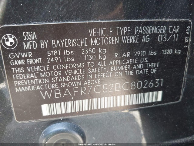 Продаж на аукціоні авто 2011 Bmw 535i, vin: WBAFR7C52BC802631, номер лоту: 45825627