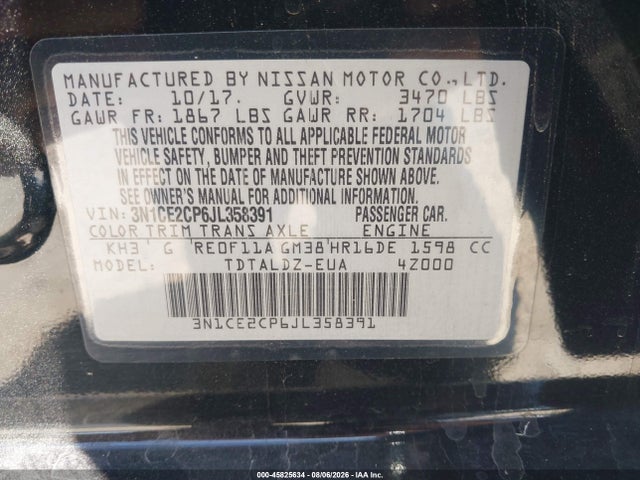 3N1CE2CP6JL358391 Nissan Versa Note Sv
