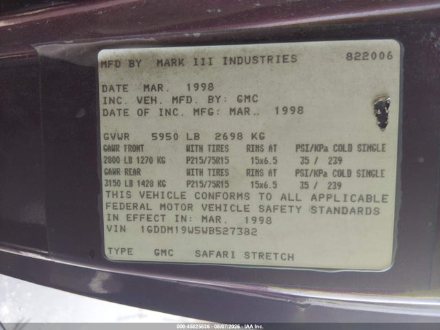 Aukcja sprzedaży 1998 Gmc Safari Yf7, vin: 1GDDM19W5WB527382, numer aukcji: 45825636
