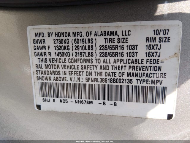 2008 Honda Odyssey Ex-l მანქანა იყიდება აუქციონზე, vin: 5FNRL38618B002135, აუქციონის ნომერი: 45825644