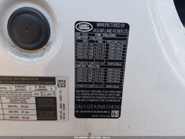2022 Land Rover Range Rover Velar P250 S მანქანა იყიდება აუქციონზე, vin: SALYJ2EX2NA334090, აუქციონის ნომერი: 45825657