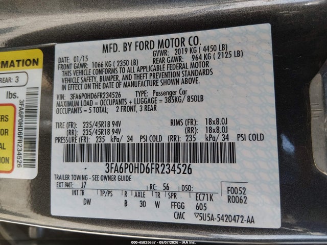 45825687 :رقم المزاد ، 3FA6P0HD6FR234526 vin ، 2015 Ford Fusion Se مزاد بيع