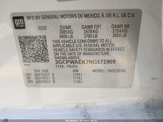 3GCPWAEK7NG171909 Chevrolet Silverado 1500 Ltd 2wd Standard Bed Wt