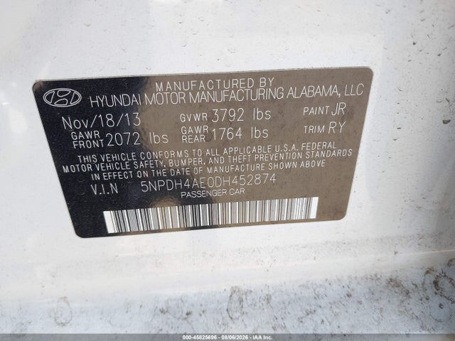 2013 Hyundai Elantra Limited მანქანა იყიდება აუქციონზე, vin: 5NPDH4AE0DH452874, აუქციონის ნომერი: 45825696