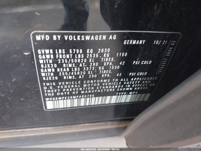 Продаж на аукціоні авто 2021 Volkswagen Id.4 Pro S, vin: WVGKMPE20MP060790, номер лоту: 45825706