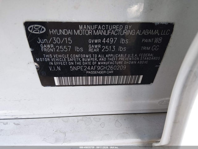 5NPE24AF9GH260209 Hyundai SONATA SE