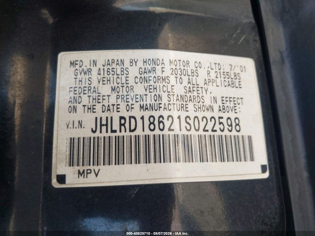 45825710 :رقم المزاد ، JHLRD18621S022598 vin ، 2001 Honda Cr-v Ex مزاد بيع
