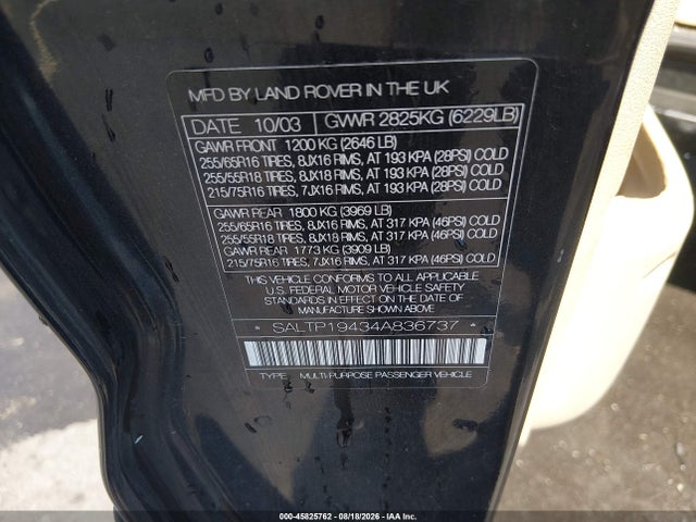 2004 Land Rover Discovery Hse მანქანა იყიდება აუქციონზე, vin: SALTP19434A836737, აუქციონის ნომერი: 45825762
