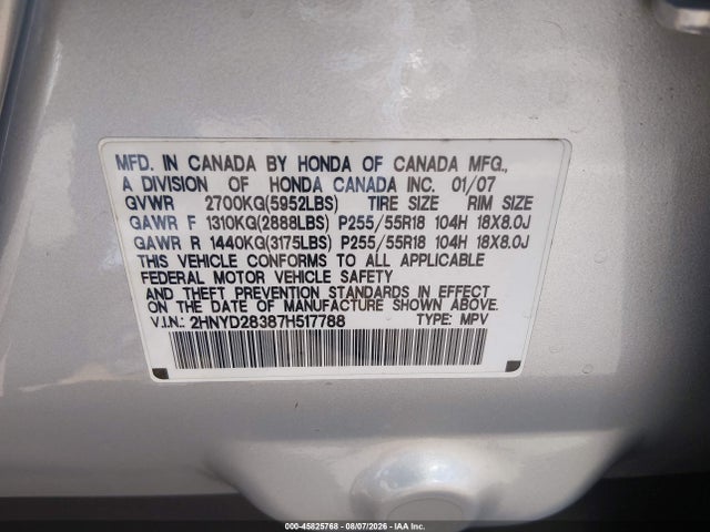 Aukcja sprzedaży 2007 Acura Mdx Technology Package, vin: 2HNYD28387H517788, numer aukcji: 45825768