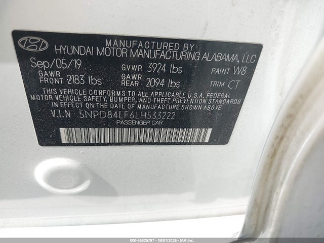 45825787 :رقم المزاد ، 5NPD84LF6LH533222 vin ، 2020 Hyundai Elantra Sel مزاد بيع