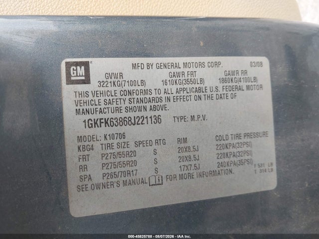 Продаж на аукціоні авто 2008 Gmc Yukon Denali, vin: 1GKFK63868J221136, номер лоту: 45825788