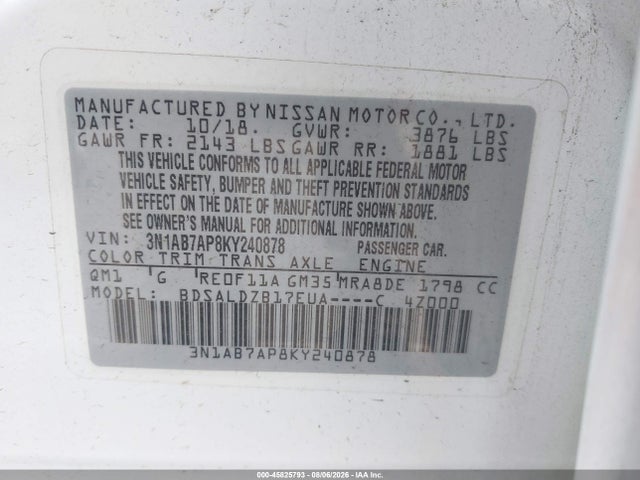 45825793 :رقم المزاد ، 3N1AB7AP8KY240878 vin ، 2019 Nissan Sentra Sv مزاد بيع