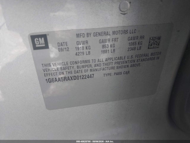 45825795 :رقم المزاد ، 1G6AA5RAXD0122447 vin ، 2013 Cadillac Ats Standard مزاد بيع