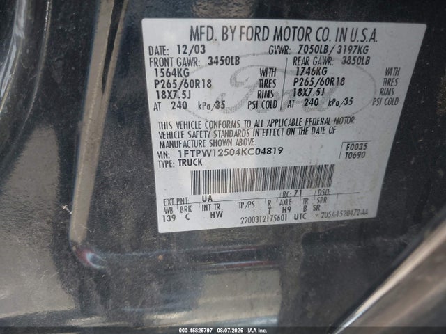 45825797 :رقم المزاد ، 1FTPW12504KC04819 vin ، 2004 Ford F-150 Lariat/xlt مزاد بيع