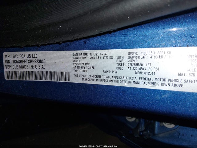 45825798 :رقم المزاد ، 1C6SRFFTXRN233846 vin ، 2024 Ram 1500 Big Horn  4x4 5'7 Box مزاد بيع