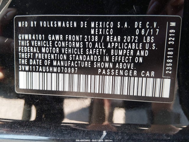 45825802 :رقم المزاد ، 3VW117AU5HM070997 vin ، 2017 Volkswagen Golf Tsi S 4-door/tsi Wolfsburg Edition 4-door مزاد بيع