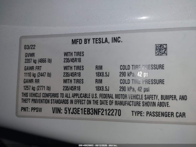 5YJ3E1EB3NF212270 Tesla Model 3 Long Range Dual Motor All-wheel Drive