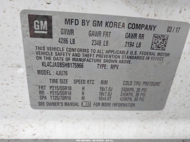 45825804 :رقم المزاد ، KL4CJASB5HB175966 vin ، 2017 Buick Encore Preferred مزاد بيع