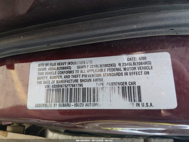 Продаж на аукціоні авто 2000 Subaru Outback, vin: 4S3BH6752Y7661795, номер лоту: 45825833