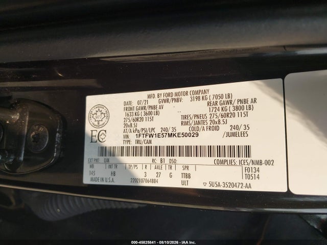 Продаж на аукціоні авто 2021 Ford F-150 Lariat, vin: 1FTFW1E57MKE50029, номер лоту: 45825841