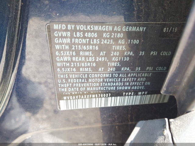 2015 Volkswagen Tiguan S მანქანა იყიდება აუქციონზე, vin: WVGAV7AXXFW576027, აუქციონის ნომერი: 45825886