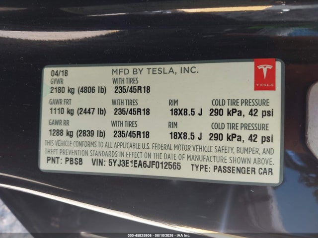 Tesla Model 3 Long Range/mid Range 2018 5YJ3E1EA6JF012565 Image 9