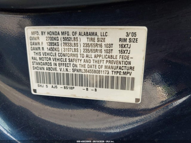 2005 Honda Odyssey Ex მანქანა იყიდება აუქციონზე, vin: 5FNRL38455B081173, აუქციონის ნომერი: 45825909