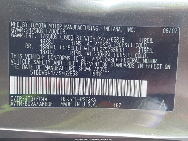 Auction sale of the 2007 Toyota Tundra Sr5 5.7l V8, vin: 5TBEV54177S462868, lot number: 45825912