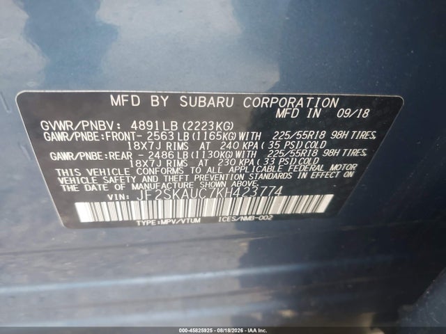45825925 :رقم المزاد ، JF2SKAUC7KH423774 vin ، 2019 Subaru Forester Limited مزاد بيع