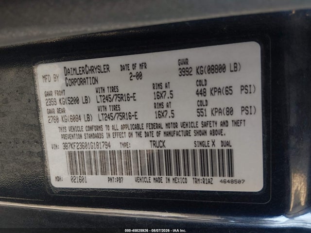 Aukcja sprzedaży 2001 Dodge Ram 2500 St, vin: 3B7KF23601G181794, numer aukcji: 45825926