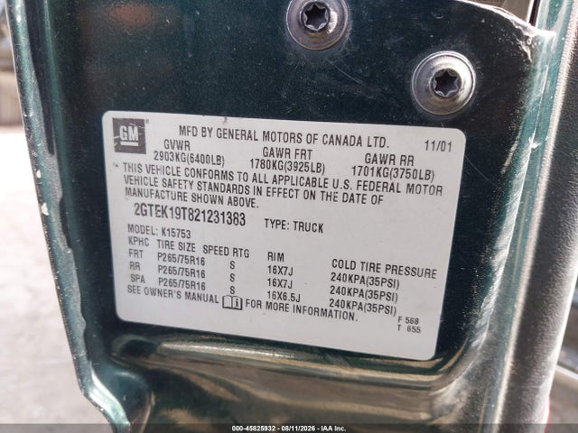 45825932 :رقم المزاد ، 2GTEK19T821231383 vin ، 2002 Gmc Sierra 1500 Sle مزاد بيع