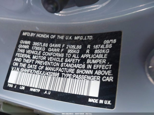 Honda CIVIC EX 2018 SHHFK7H5XJU432898 Image 9