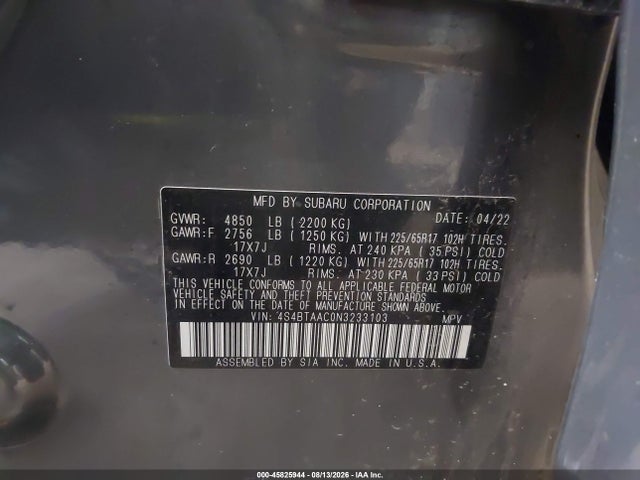 2022 Subaru Outback მანქანა იყიდება აუქციონზე, vin: 4S4BTAAC0N3233103, აუქციონის ნომერი: 45825944