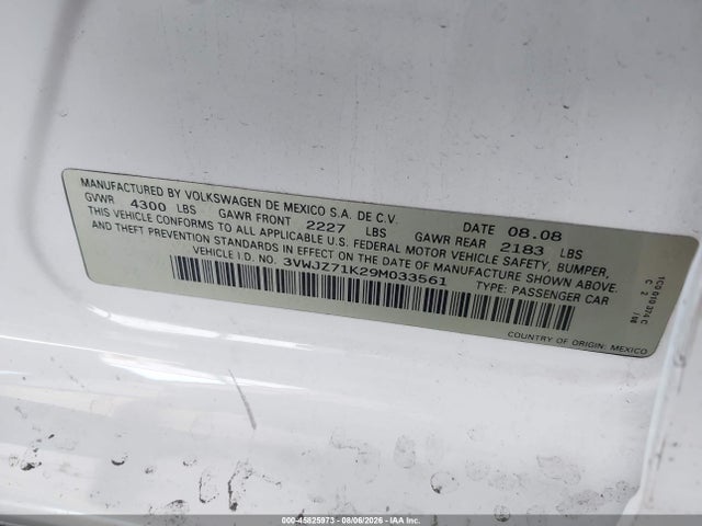 2009 Volkswagen Jetta S მანქანა იყიდება აუქციონზე, vin: 3VWJZ71K29M033561, აუქციონის ნომერი: 45825973