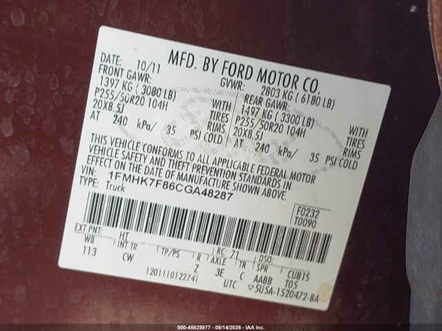 45825977 :رقم المزاد ، 1FMHK7F86CGA48287 vin ، 2012 Ford Explorer Limited مزاد بيع